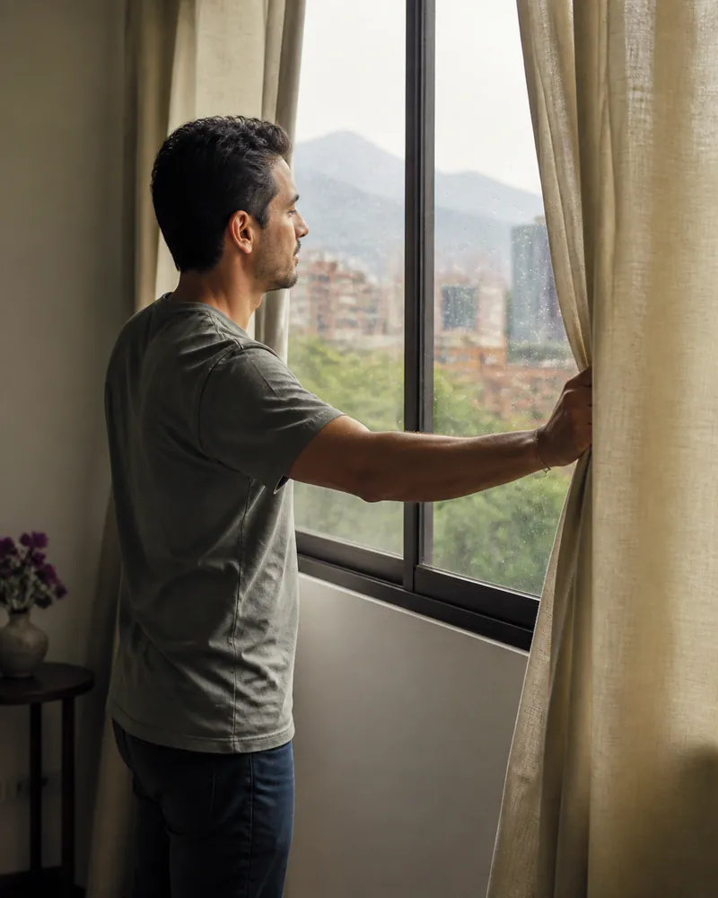 Hombre de pie junto a una ventana mirando al exterior