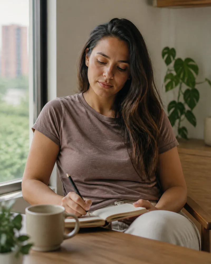 Mujer escribiendo en un cuaderno junto a una taza