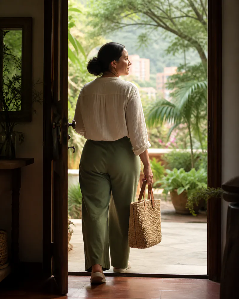 Mujer saliendo por una puerta hacia un jardín