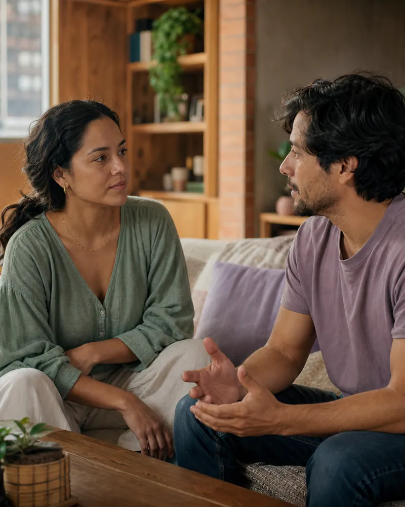 Dos personas conversando sentadas frente a frente
