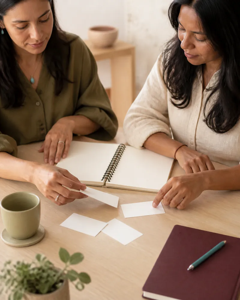 Dos mujeres organizando objetivos con un cuaderno y tarjetas