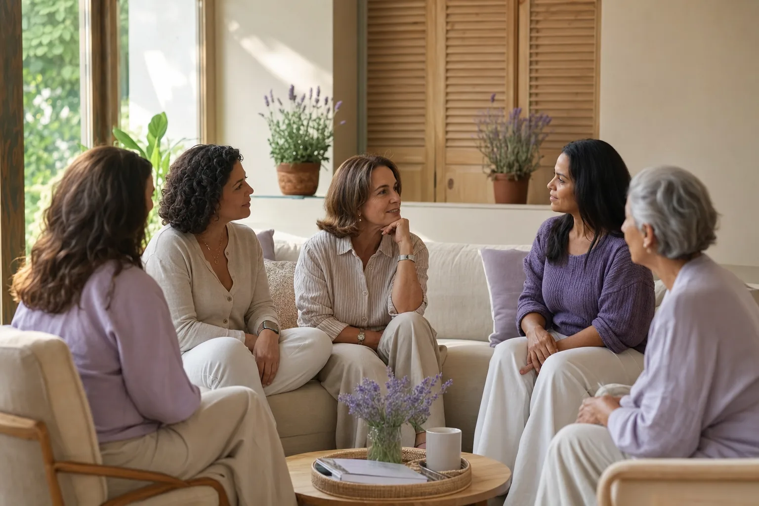 Cinco mujeres de distintas edades conversando en un salon luminoso.