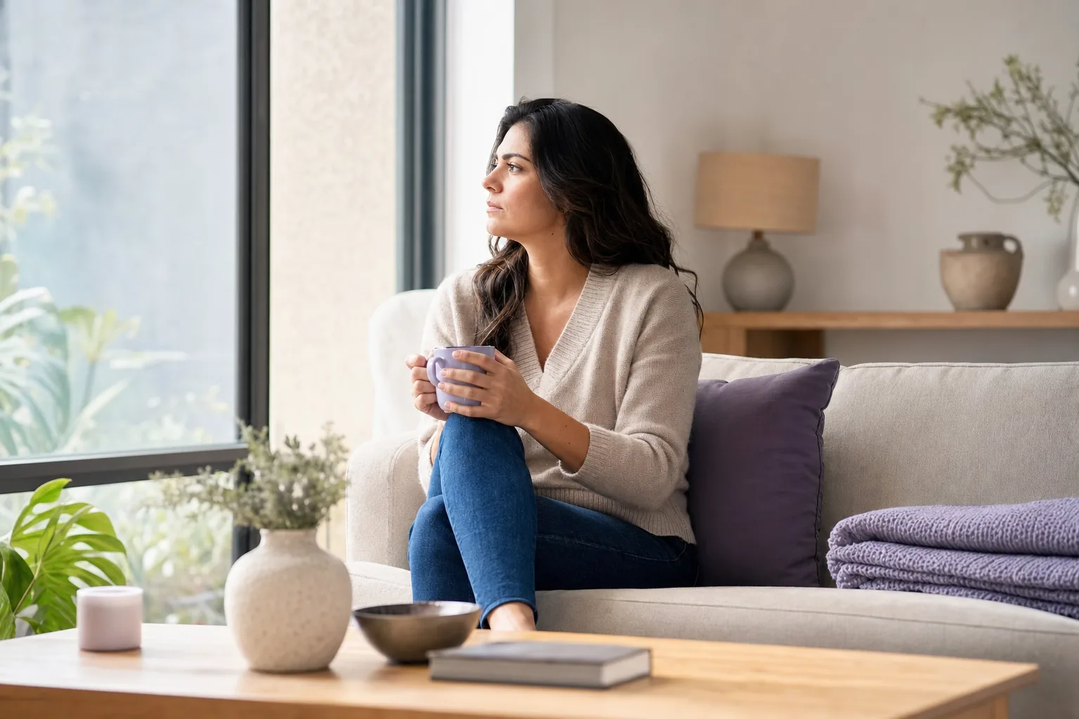 Mujer con una taza mirando por la ventana desde un sofá.