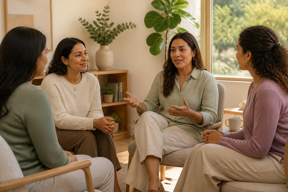 Cuatro mujeres compartiendo una conversación en círculo
