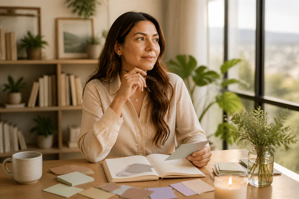 Mujer reflexionando con un cuaderno y tarjetas sobre una mesa