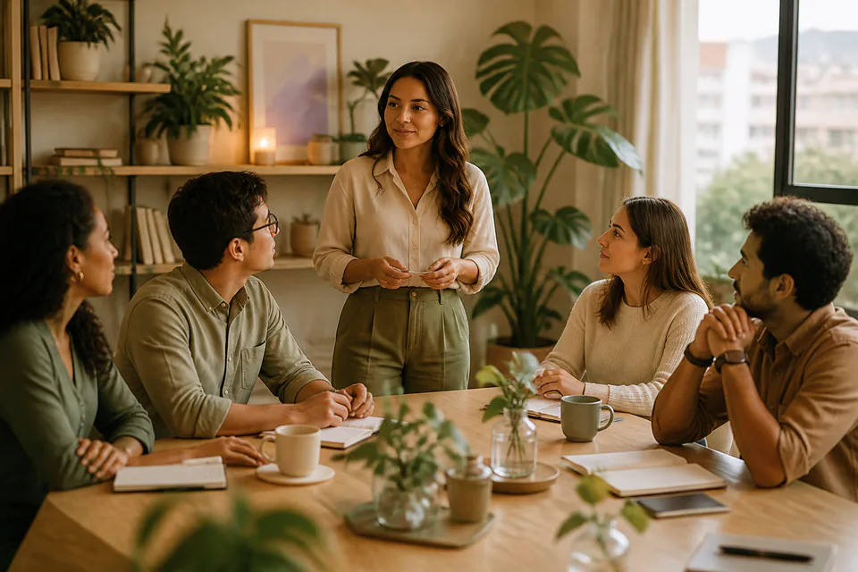 Facilitadora conversando con un equipo alrededor de una mesa de trabajo