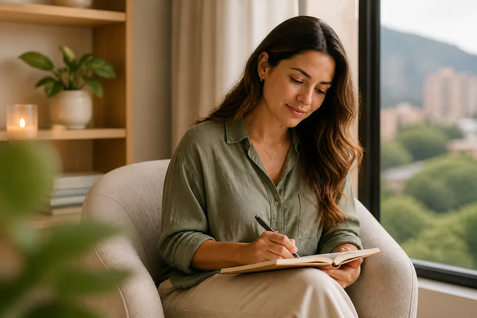 Mujer escribiendo en un cuaderno junto a una ventana durante un momento de reflexión