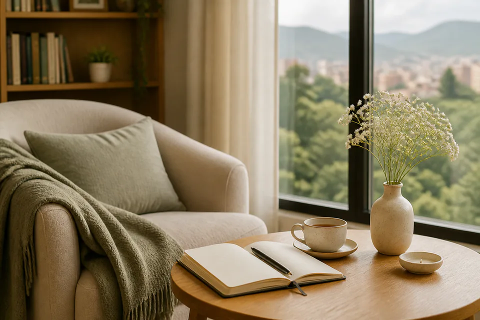 Sillón vacío junto a un cuaderno y una taza, en un espacio para hablar de una pérdida