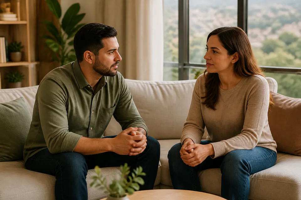 Pareja conversando sentada en un sofá