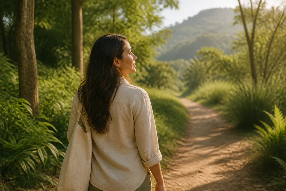 Mujer caminando por un sendero rodeado de vegetación
